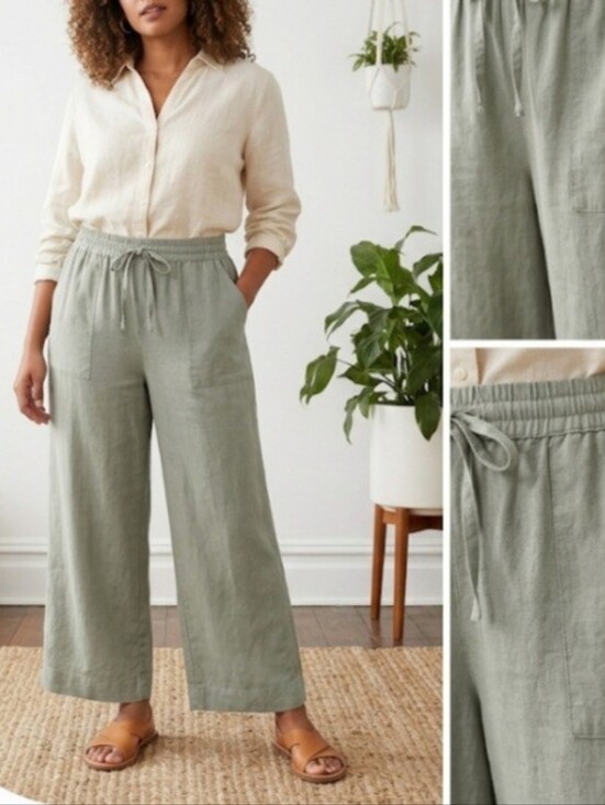 Cinthia Rowley Pants - Cinthia Rowley Linen Relaxed Straight-Leg Drawstring Pants in Sage Green 1x